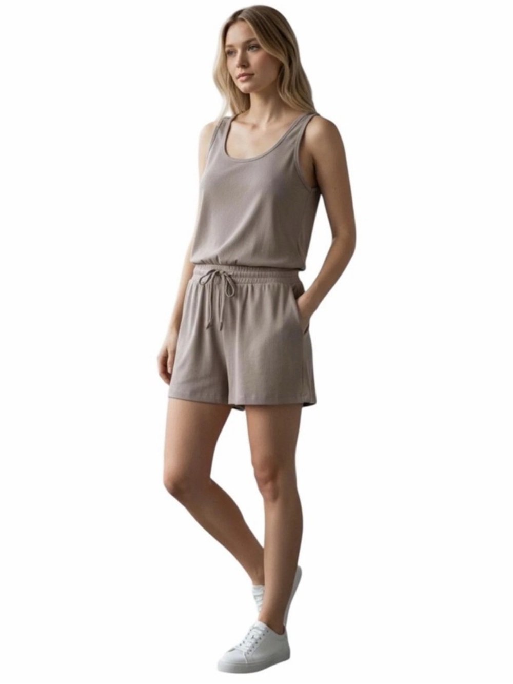 Easoul Womens Rib Romper in Cocoa Taupe Color Womens Size L